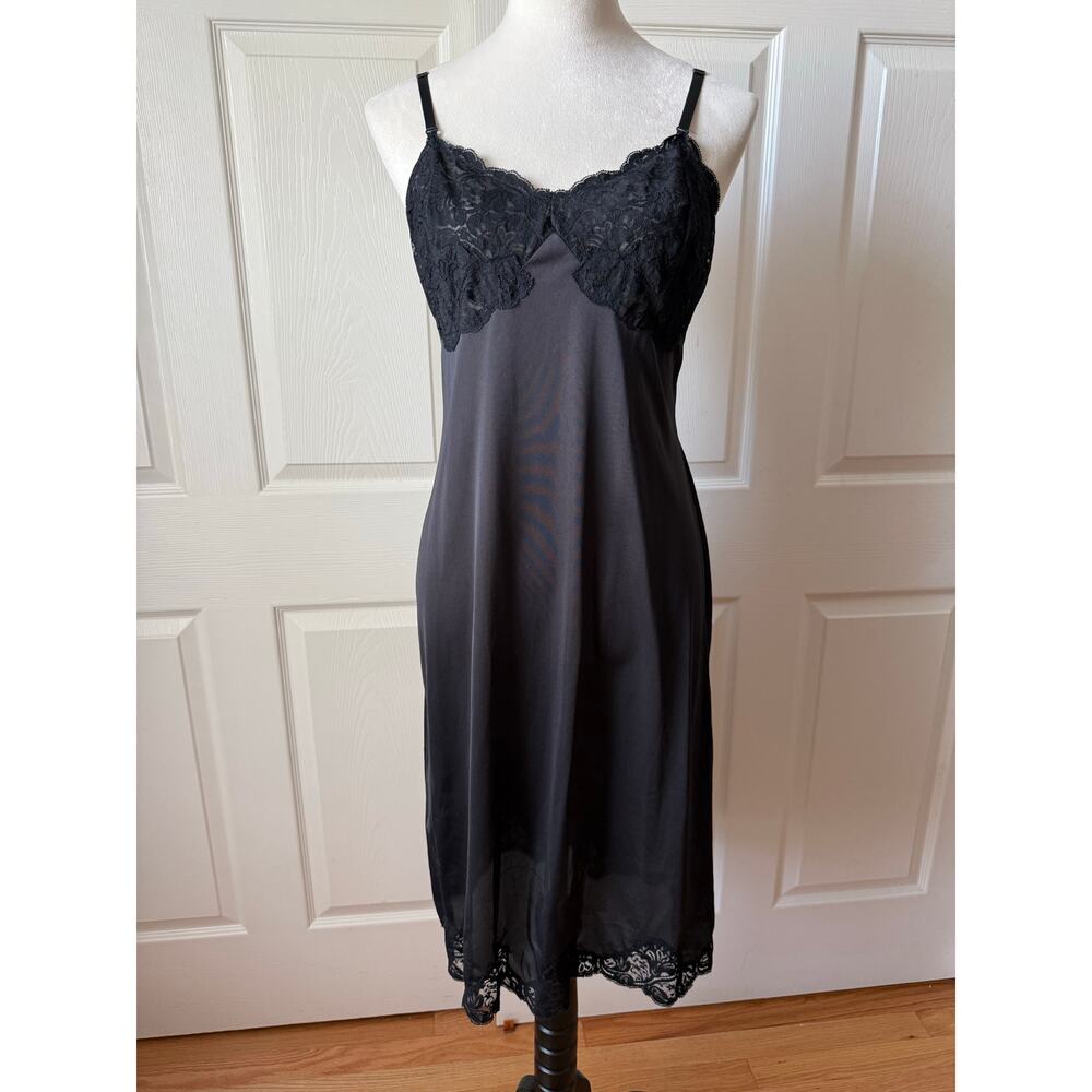 Vintage Wondermaid Black Lace Trim Slip Dress Midi Union Made 36 Festival Party‎